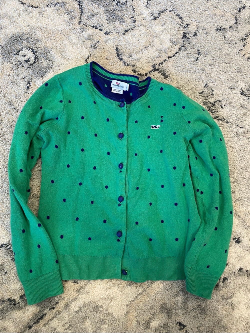 Vineyard Vines Green Cardigan with Navy Polka Dots size 7/8